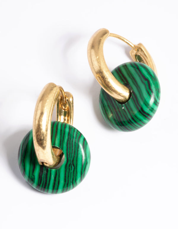 Worn Gold Green Disc Huggie Earrings