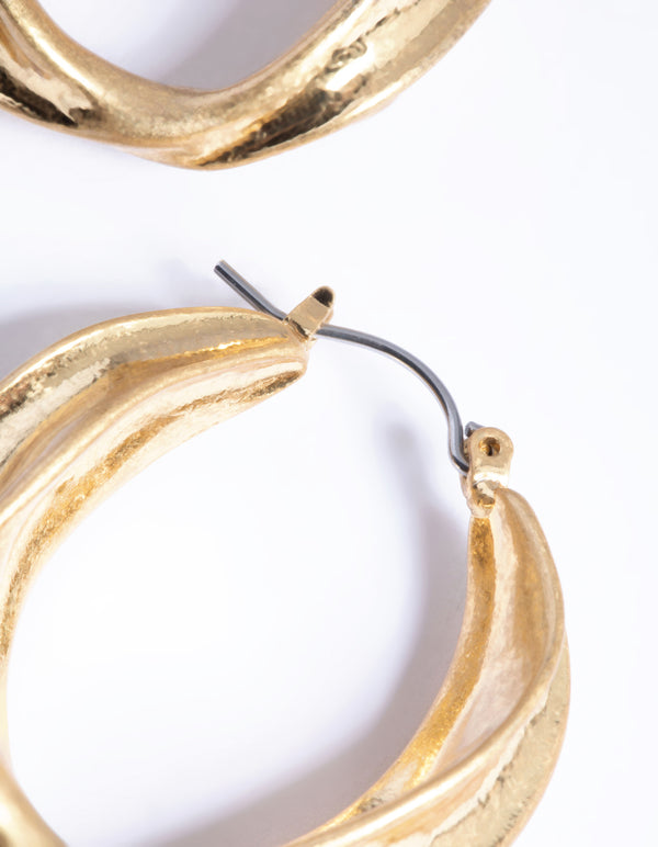 Worn Gold Textured Twist Hoop Earrings