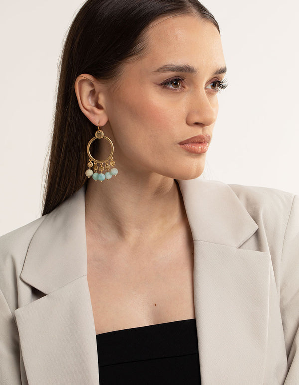 Worn Gold Disc Semi-Precious Ball Large Earrings