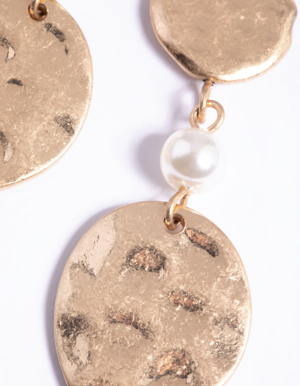 Worn Gold Pearl & Textured Disc Drop Earrings