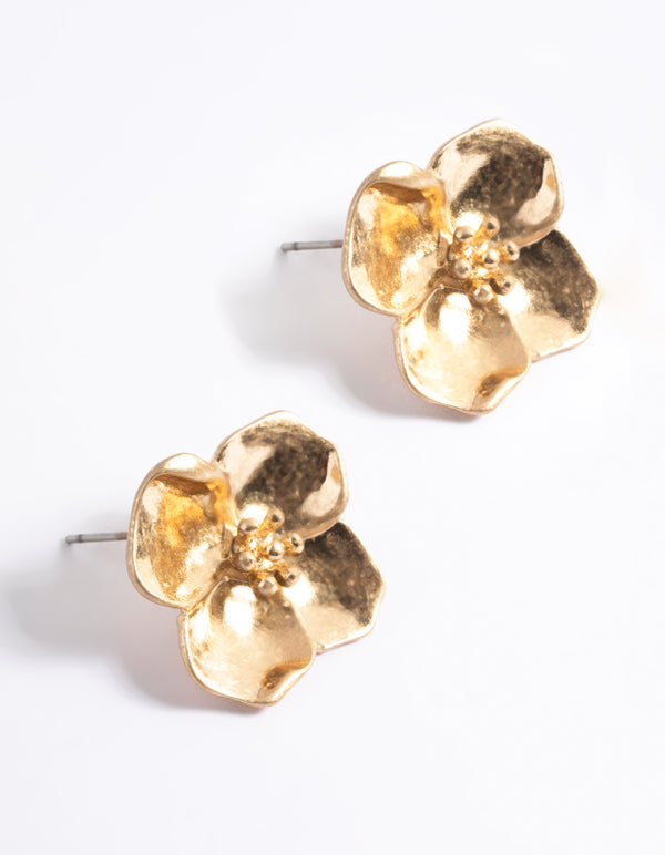 Worn Gold Flower Clip On Earrings
