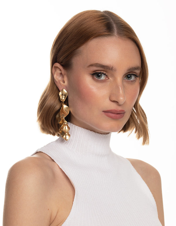 Worn Gold Metal Petal Drop Earrings