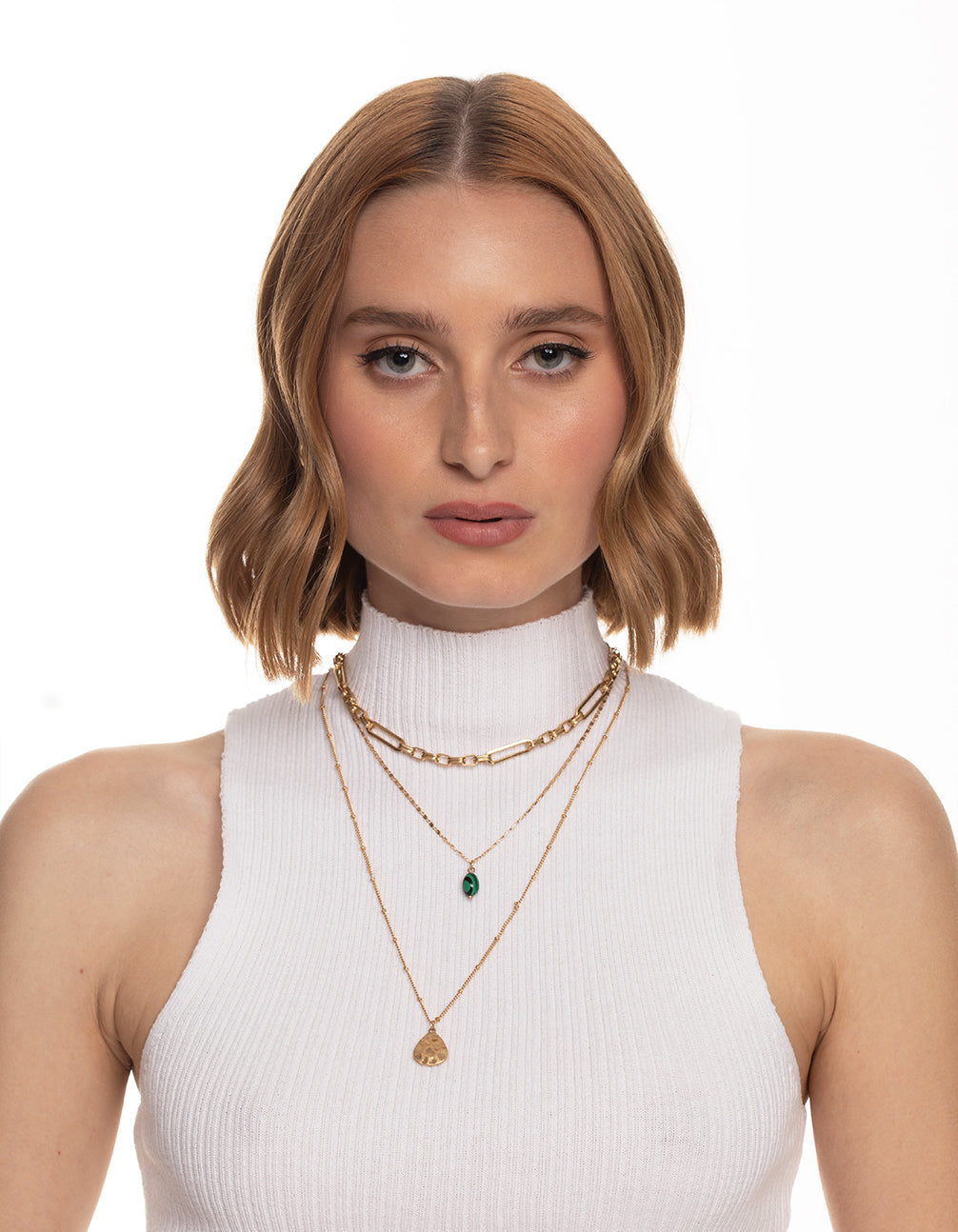 Worn Gold Multi Row Stone Coin Necklace