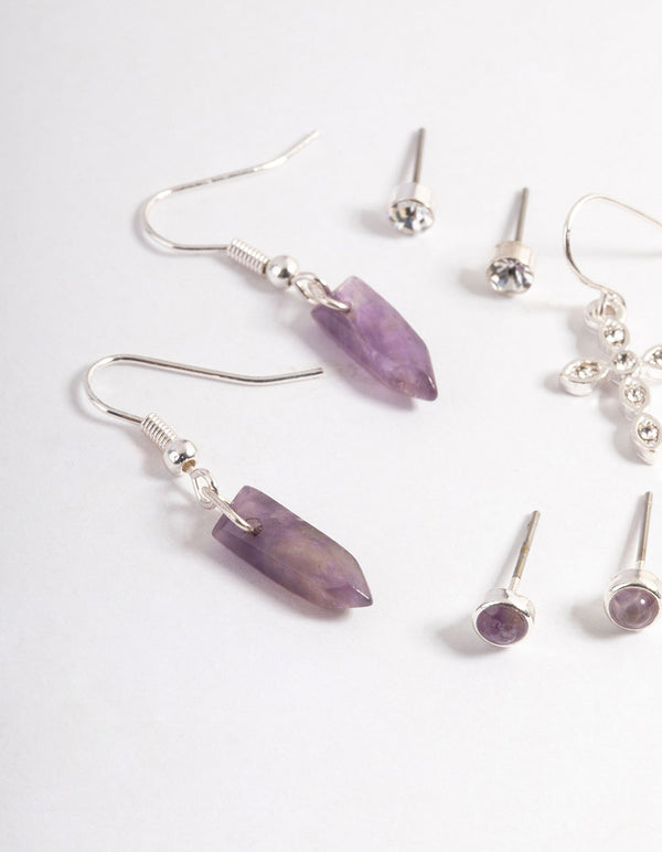 Silver Amethyst Cross Stack Earring Pack