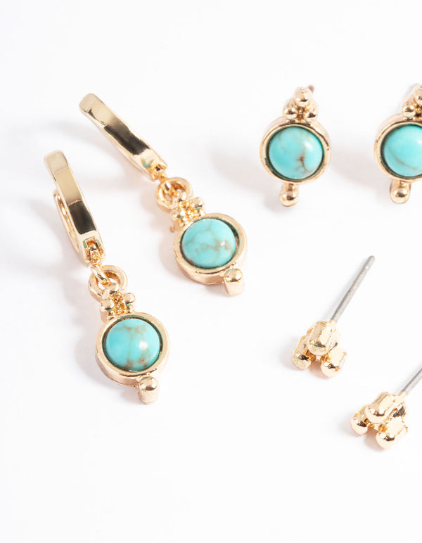 Gold Turquoise Ball Stack Earring Pack