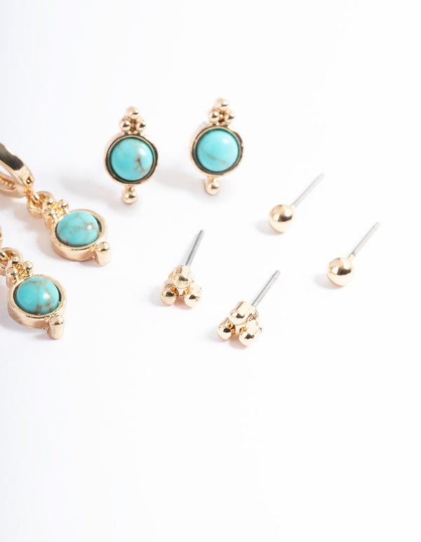 Gold Turquoise Ball Stack Earring Pack