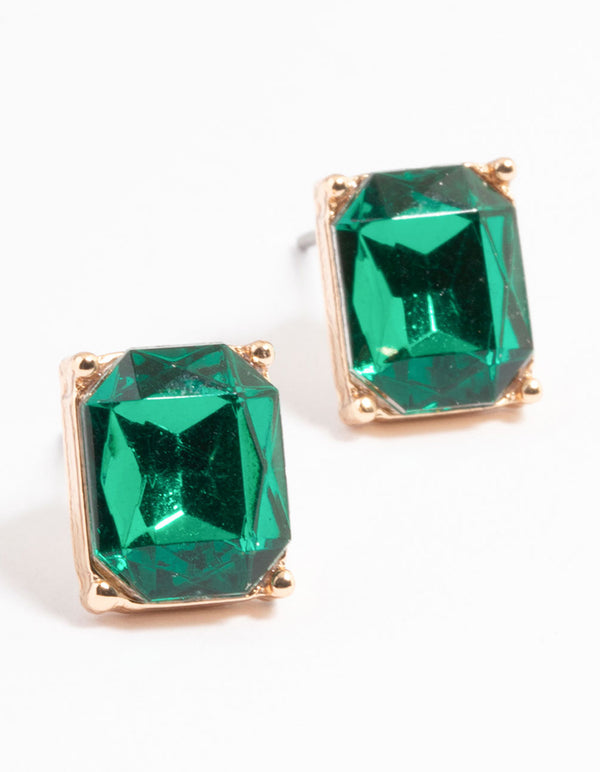 Gold Green Square Encased Etched Earrings