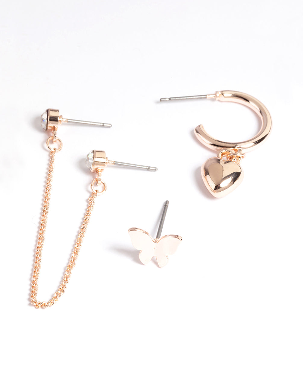 Rose Gold Butterfly & Heart Stack Earrings