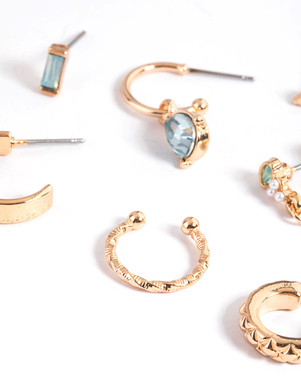 Gold Pretty Diamante & Textured Stack Earrings