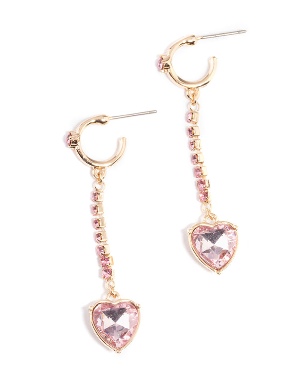 Gold Pink Heart Drop Hoop Earrings