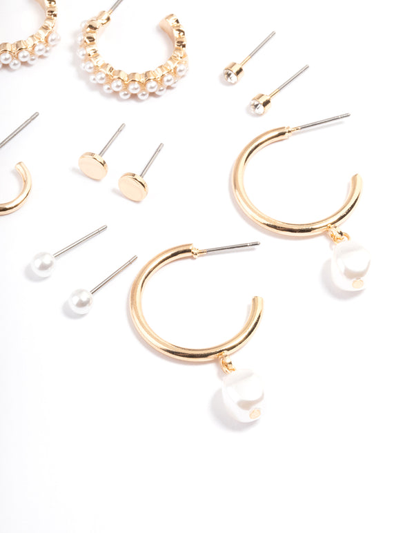 Gold Pearl Diamante Hoop & Stud Earring 6-Pack