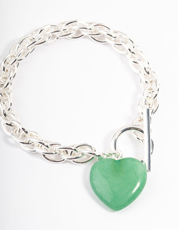 Silver Plated Green Aventurine Statement Heart T&O Bracelet
