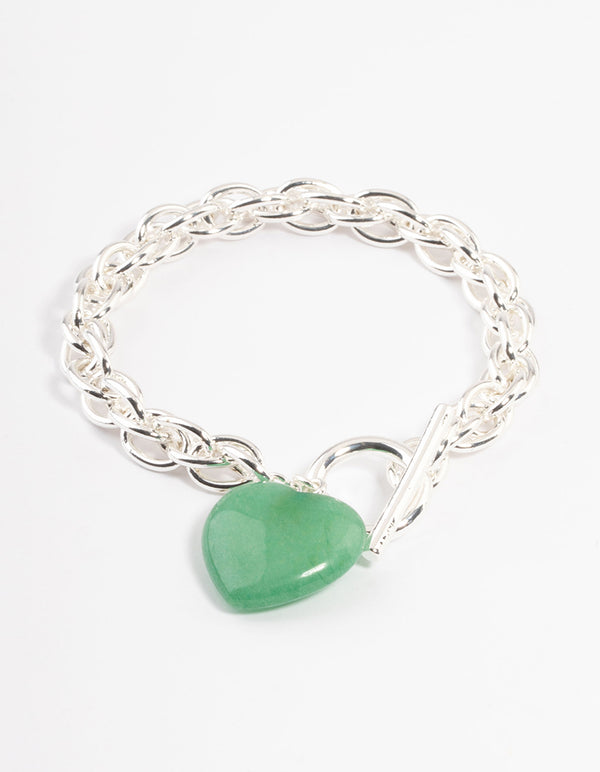 Silver Plated Green Aventurine Statement Heart T&O Bracelet