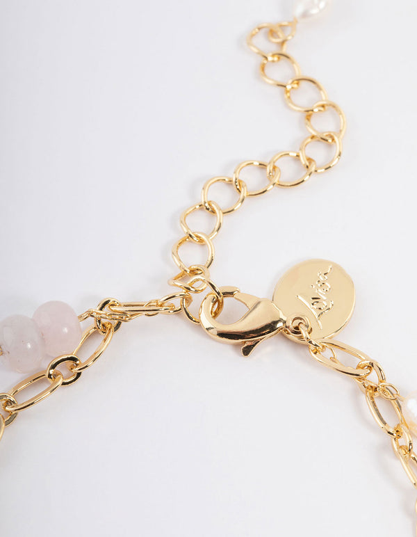 Gold Plated Rose Quartz Freshwater Pearl Double Row Chain Bracelet