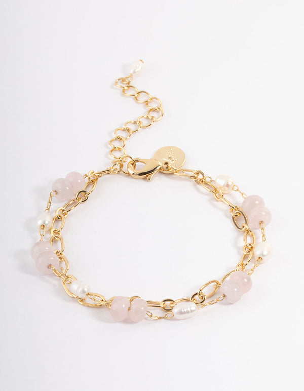 Gold Plated Rose Quartz Freshwater Pearl Double Row Chain Bracelet