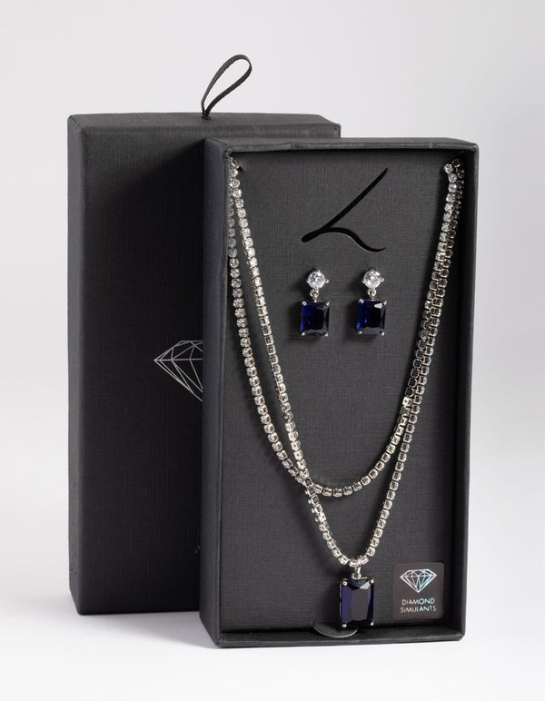Silver Diamond Simulant Sphere Drop Earrings & Necklace Set