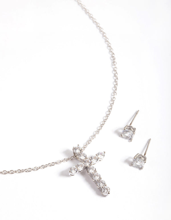 Silver Diamond Simulant Stud & Cross Necklace Set