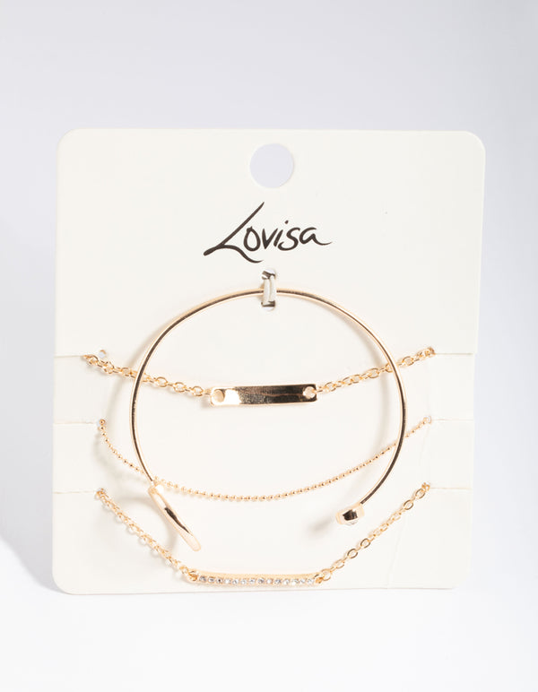 Gold Diamante Bar & Circle Bracelet 4-Pack