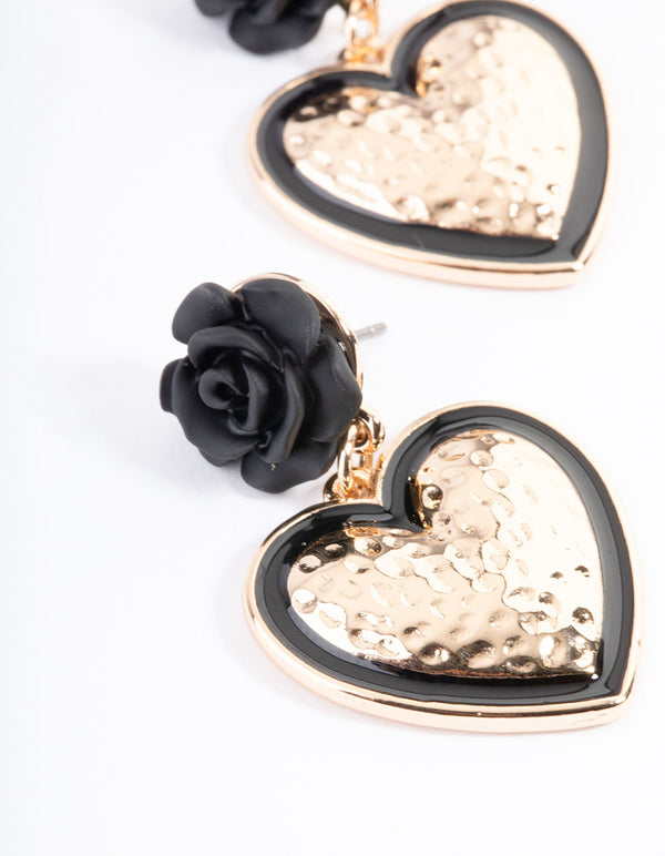 Gold Rose Drop Black Heart Earrings
