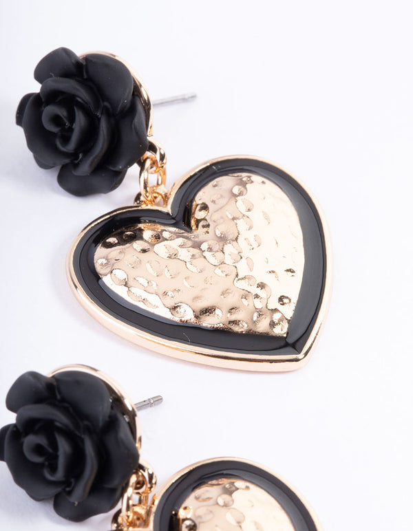 Gold Rose Drop Black Heart Earrings