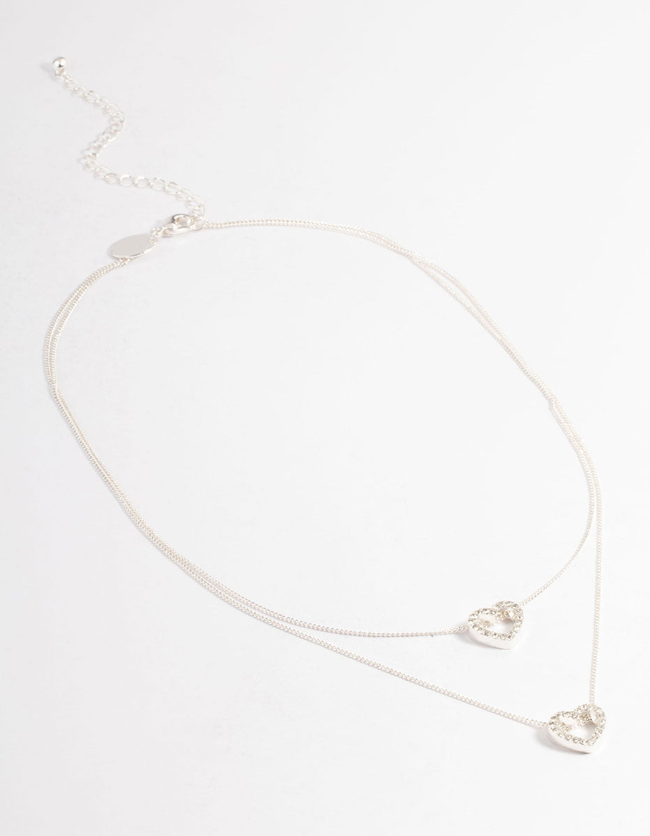 Silver Double Diamante Open Heart Layered Necklace