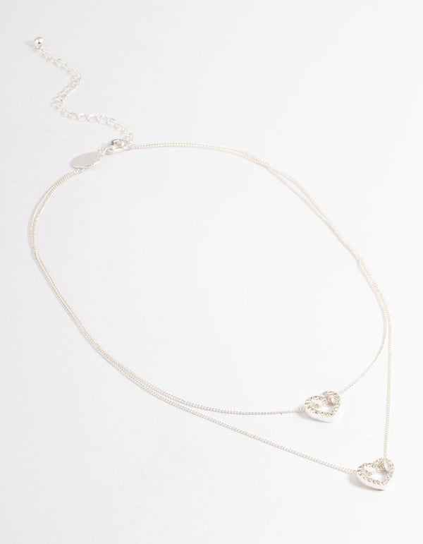 Silver Double Diamante Open Heart Layered Necklace