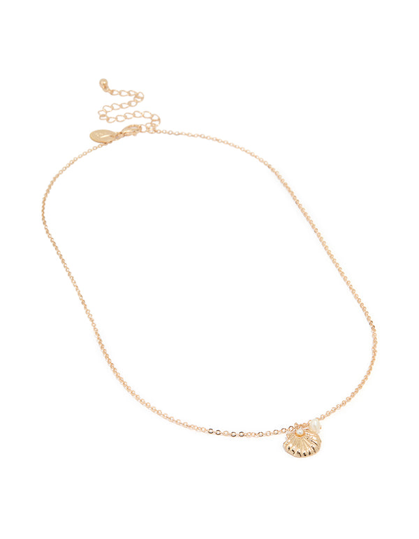 Gold Freshwater Pearl & Clam Pendant Necklace