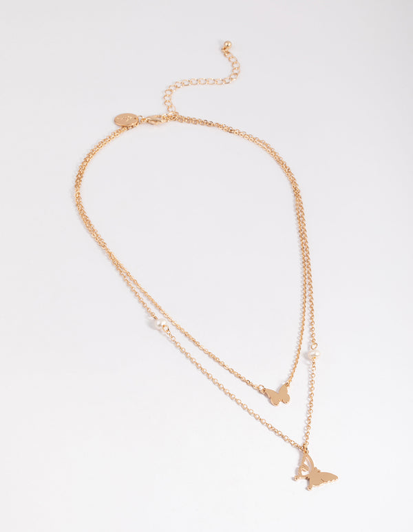 Gold Pearl & Butterfly Station Necklace