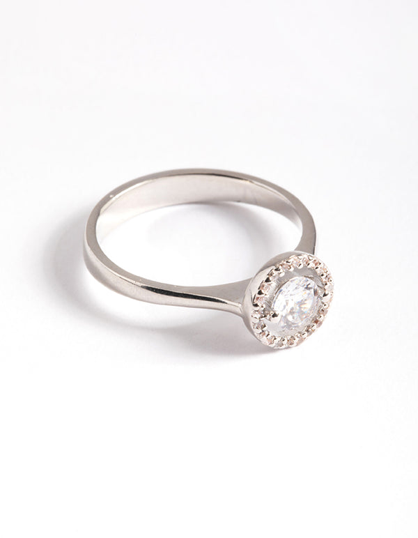 Silver Cubic Zirconia Centre Stone with Halo Ring