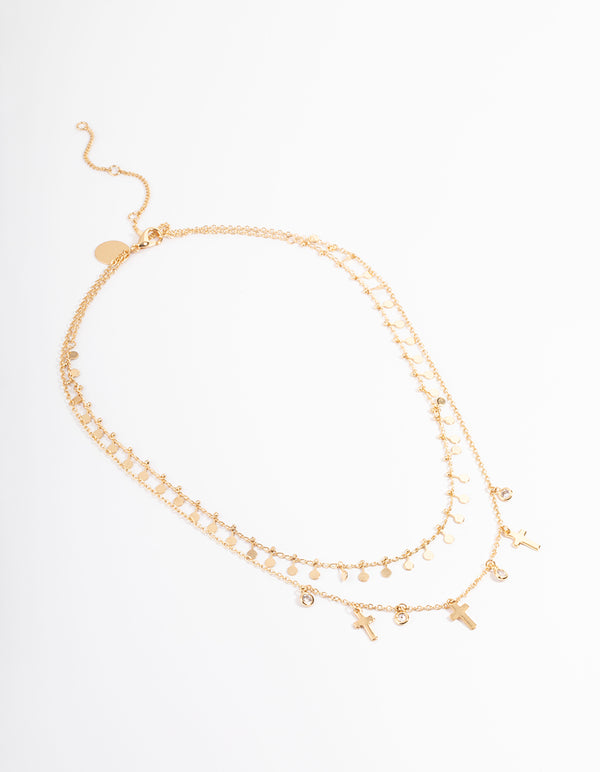 Gold Plated Disc & Cross Two Layered Necklace