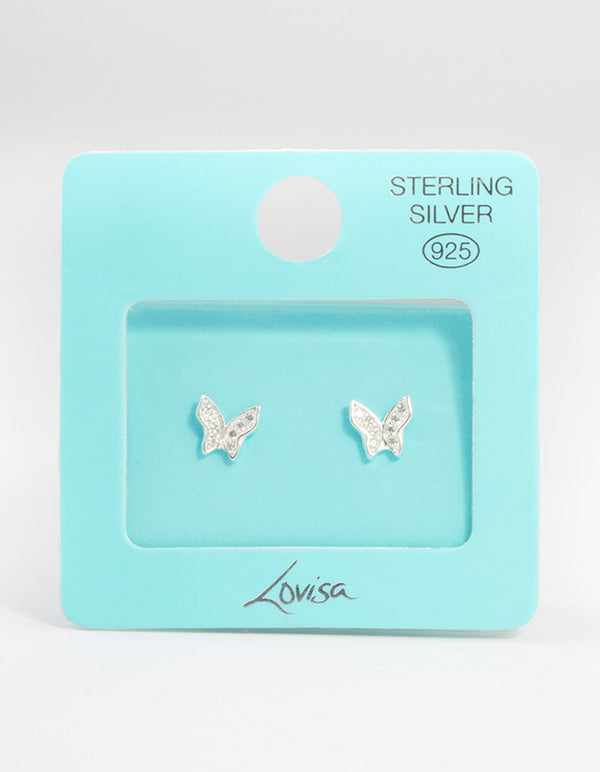 Sterling Silver Cubic Zirconia Pave Butterfly Stud Earrings