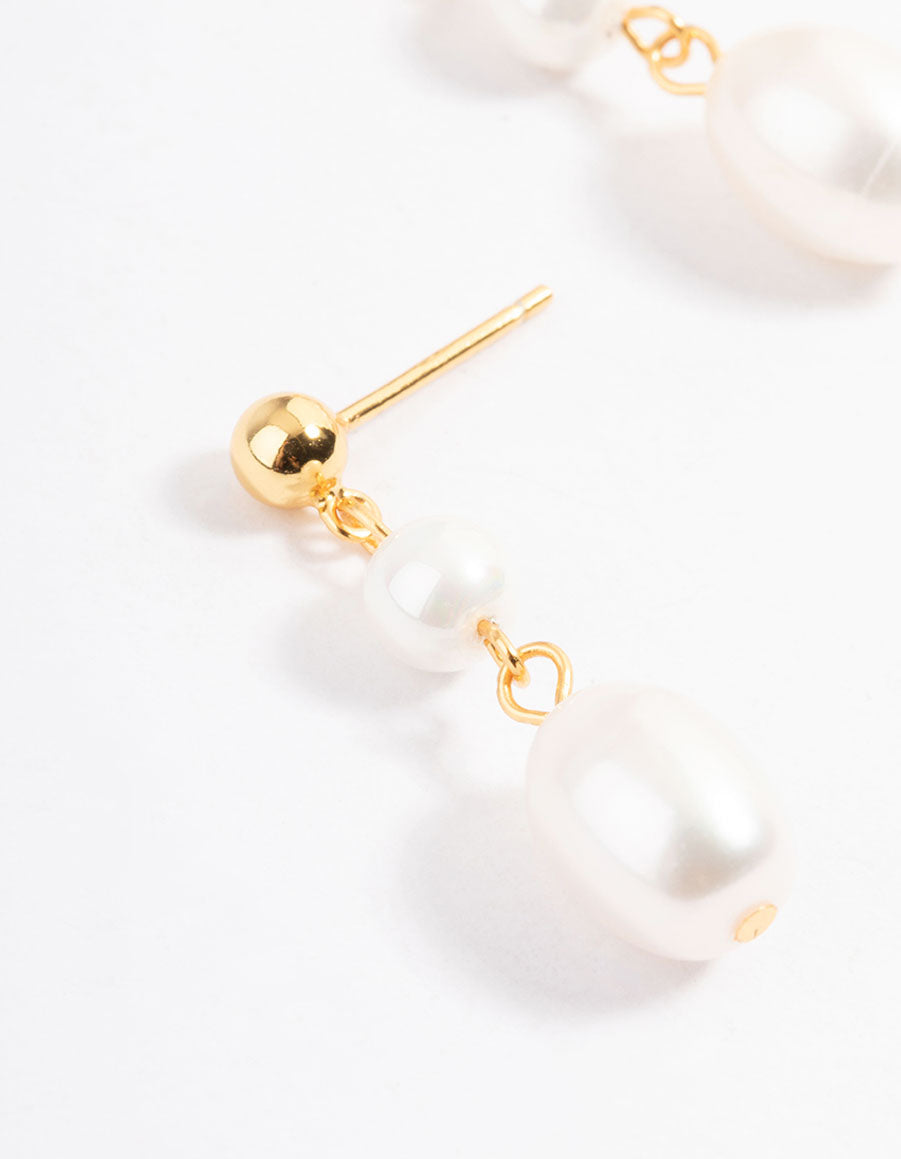 Gold Plated Sterling Silver Double Faux Pearl Drop Earrings
