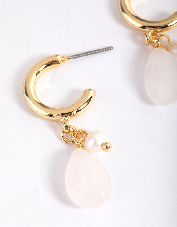 Gold Plated Rose Quartz Freshwater Pearl Charm Hoop Earrings