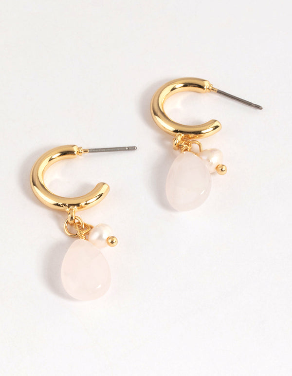 Gold Plated Rose Quartz Freshwater Pearl Charm Hoop Earrings