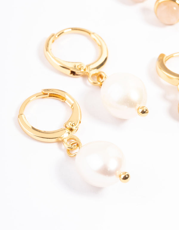 Gold Plated Rose Quartz Freshwater Pearl Diamante Stack Earrings