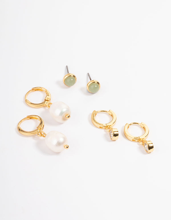 Gold Plated Green Aventurine Freshwater Pearl Cubic Zirconia Earring Pack