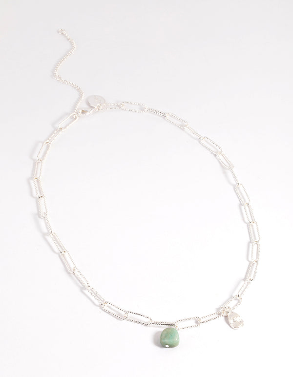 Silver Plated Amazonite Diamante Oval Chain Necklace
