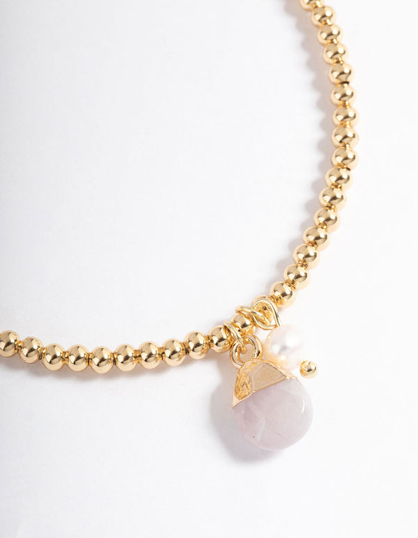 Gold Plated Rose Quartz Freshwater Pearl Ball Stretch Bracelet