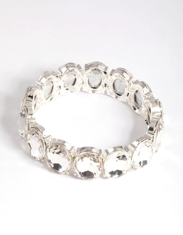 Silver Large Oval Diamante Stretch Bracelet