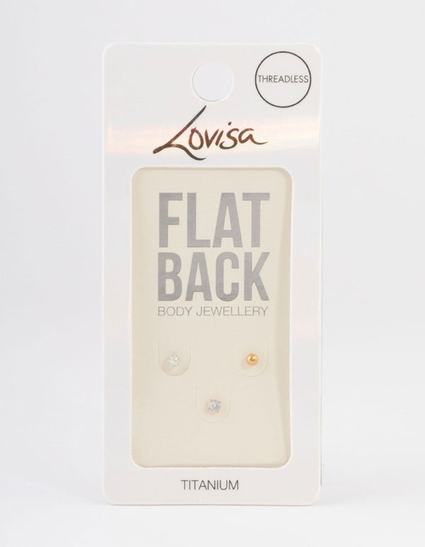 Gold Plated Titanium Cubic Zirconia & Pave Threadless Flat Back Pack