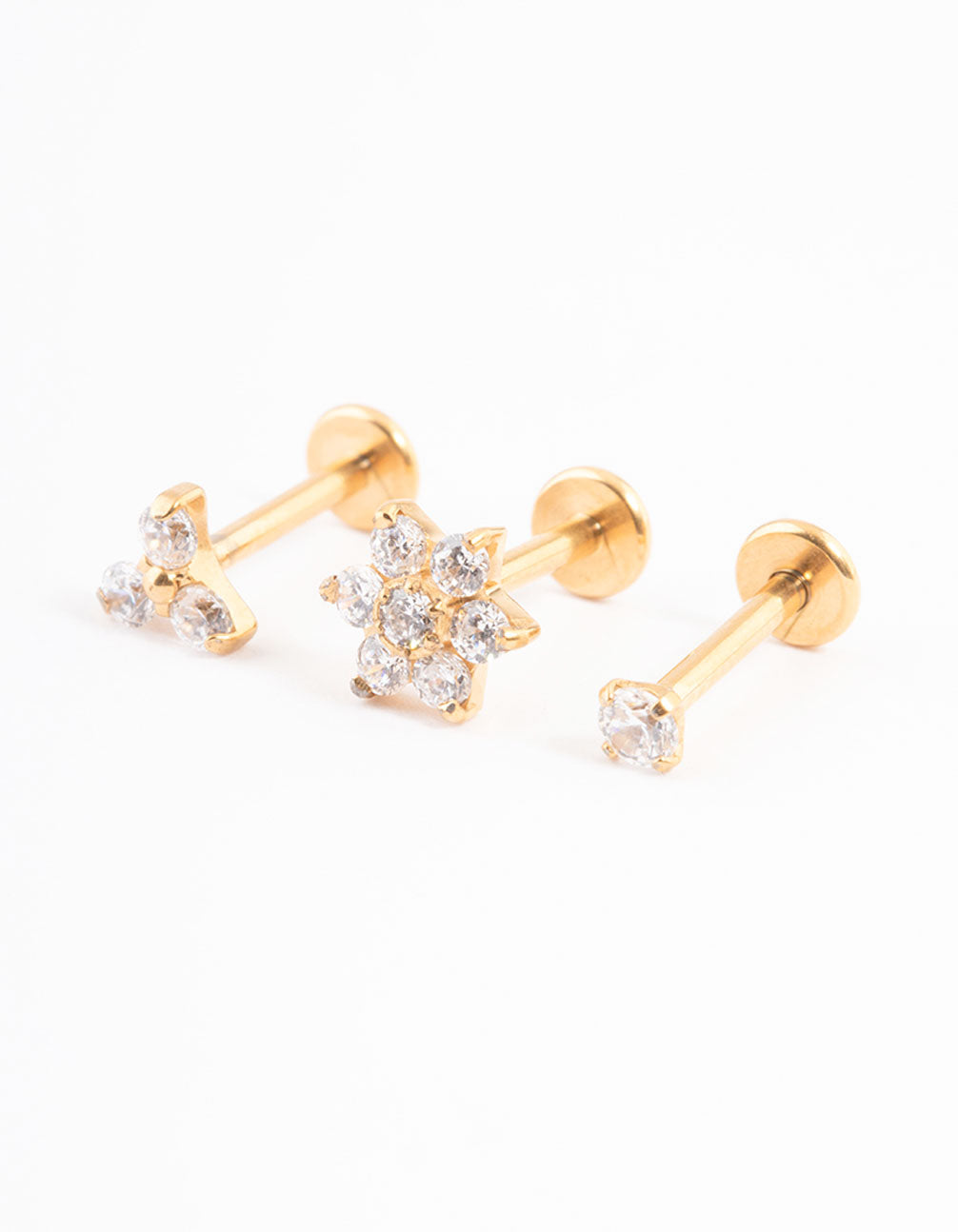 Gold Plated Titanium Cubic Zirconia Flower Threadless Flat Back Pack