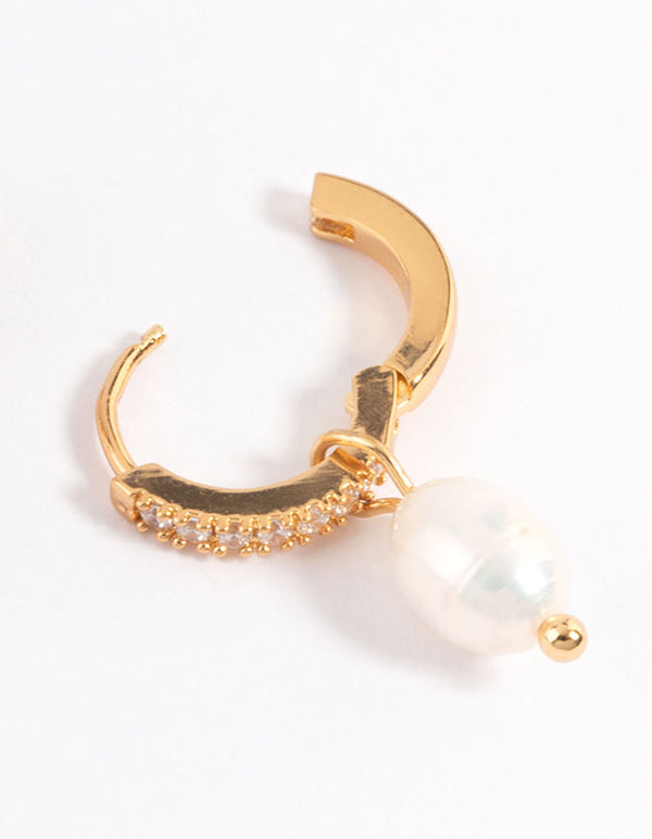 Waterproof Gold Plated Stainless Steel Diamante Freshwater Pearl Drop Huggie Earrings