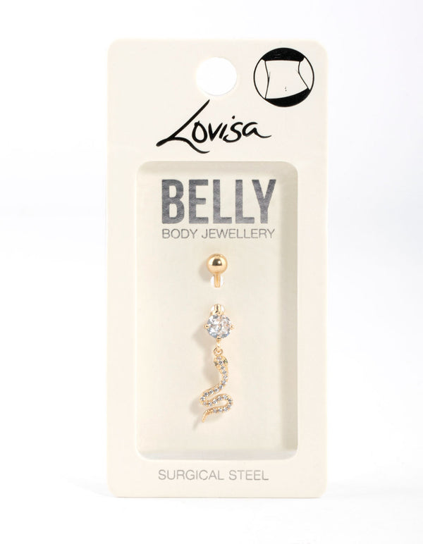 Gold Plated Surgical Steel Crystal Snake Drop Belly Ring