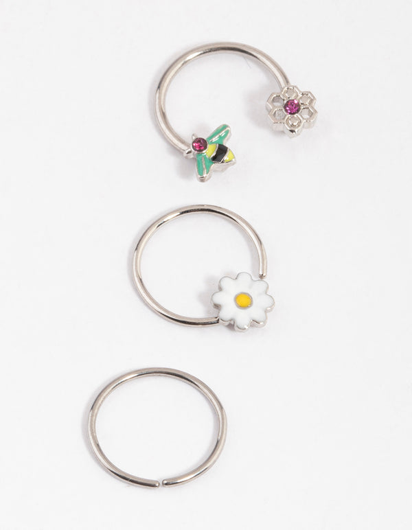 Surgical Steel Flower & Bee Horseshoe Earring Pack
