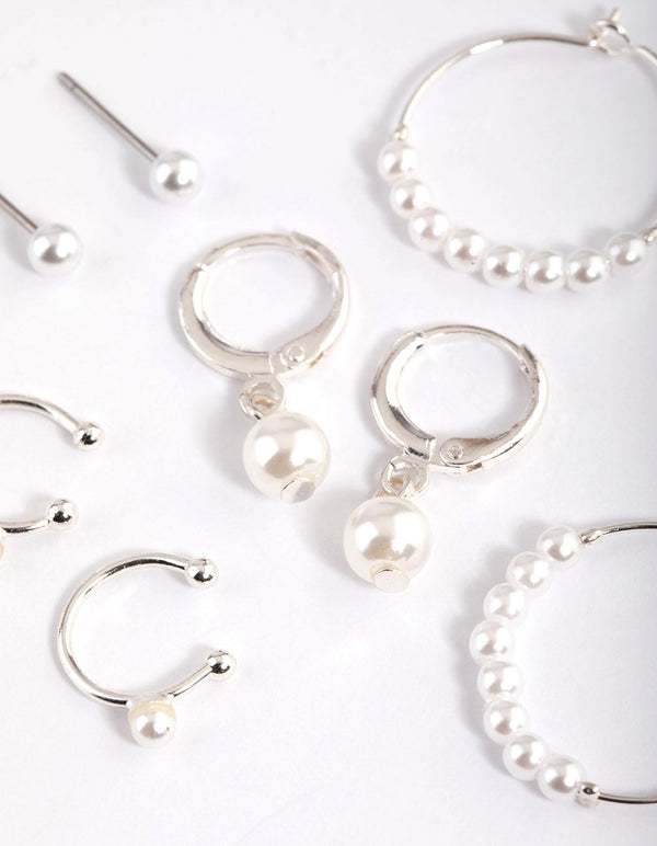 Silver Pearl Charm Hoop Earrings 4-Pack