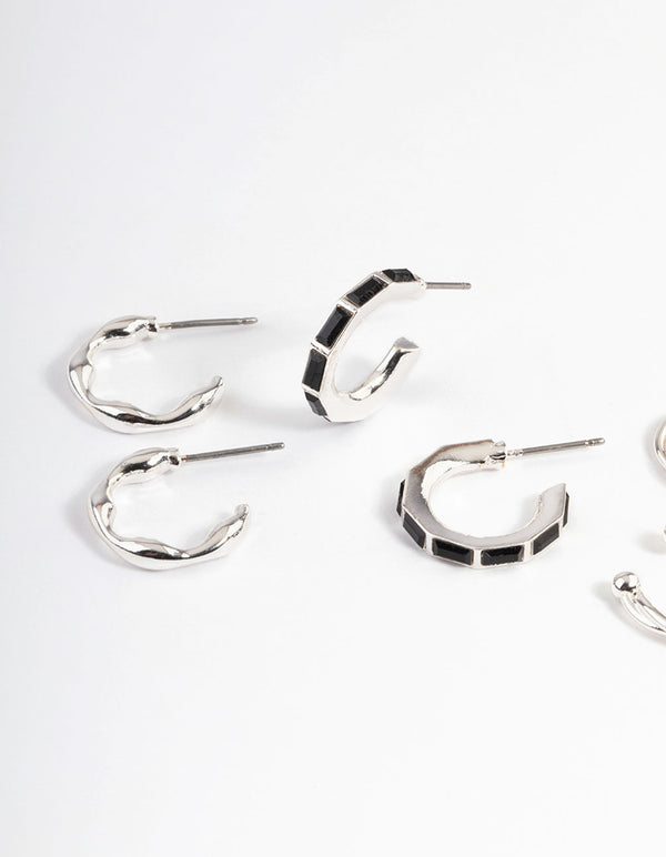Silver Emerald Cut Black Hoop Earrings 4-Pack
