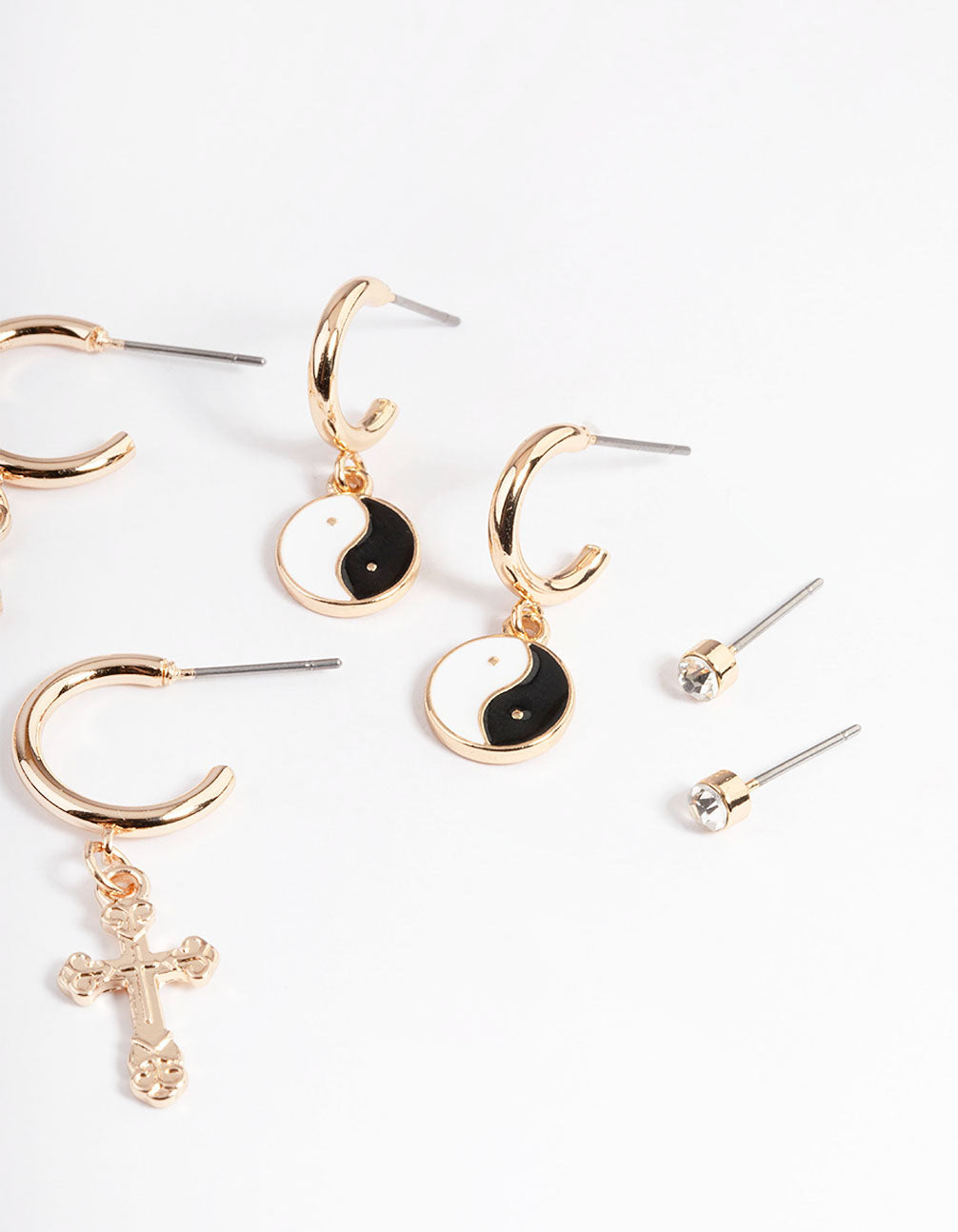 Gold Cross Yin & Yang Earrings 4-Pack