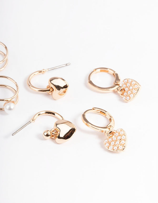 Gold Pearl Heart Earrings 4-Pack