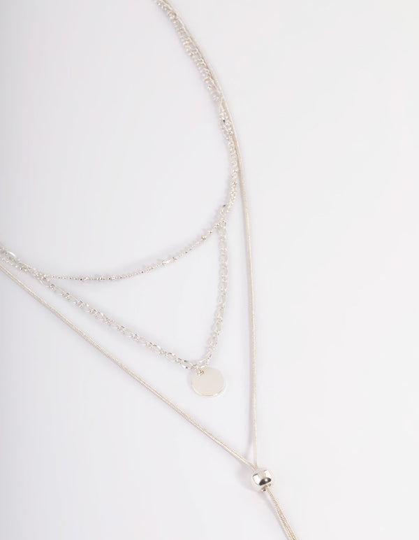 Silver Mixed Disc Pendant Y Layered Necklace