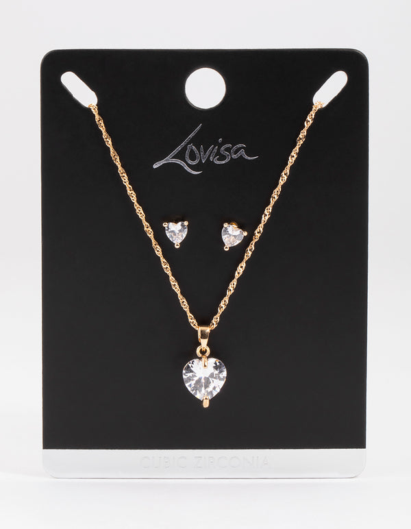 Gold Cubic Zirconia Hearts Earrings & Necklace Set